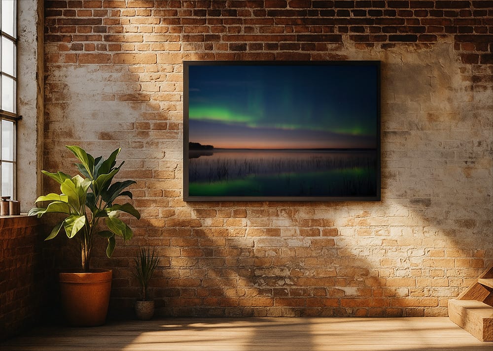 Autumn Northern Lights print by Joona Heinonen on a living room wall