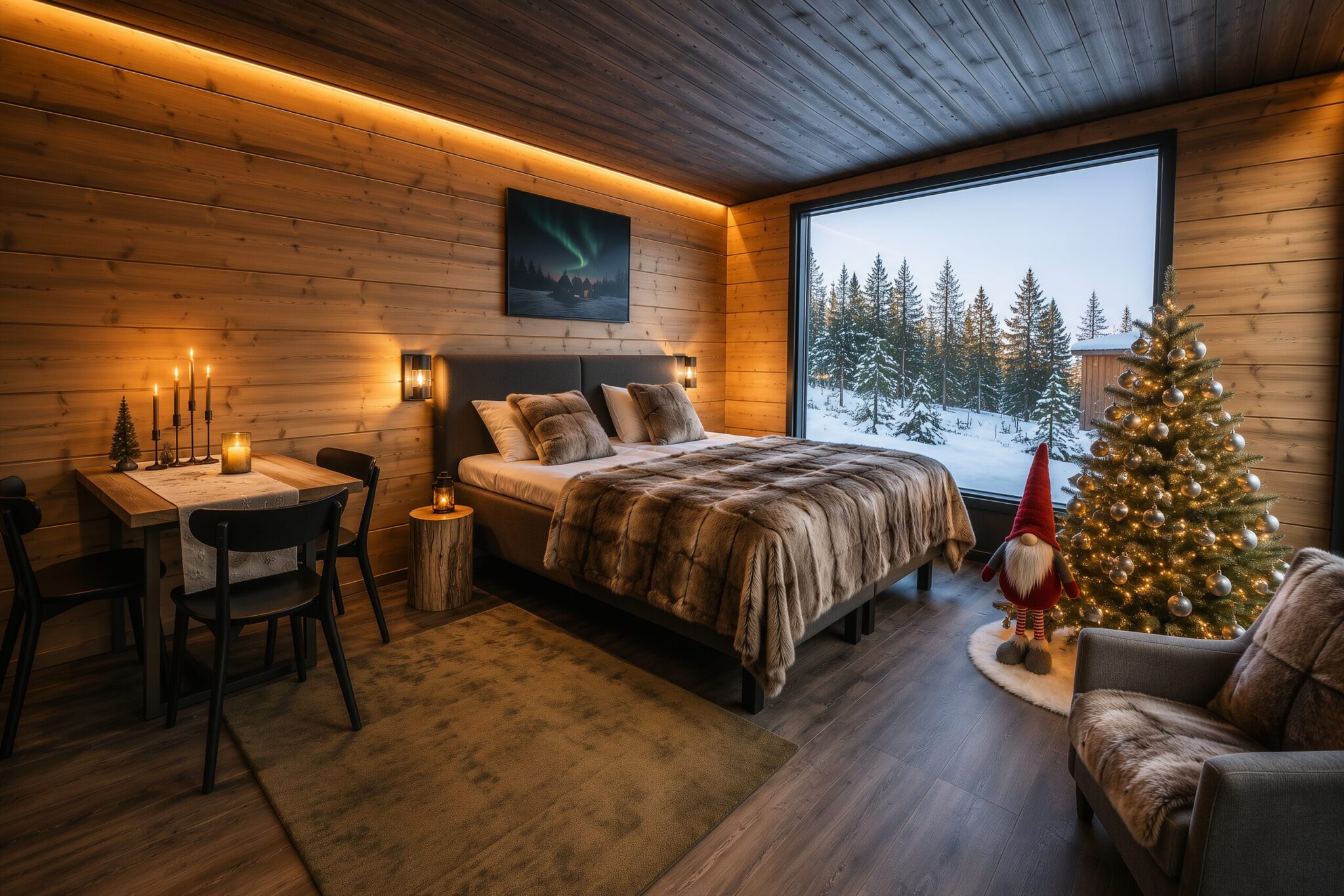 Une mise en scène de Noël que nous avons réalisée dans une suite de l'Aurora Hill Resort : la surprise en chambre est la demande qui n'a besoin d'aucun prétexte pour s'éloigner de la famille.