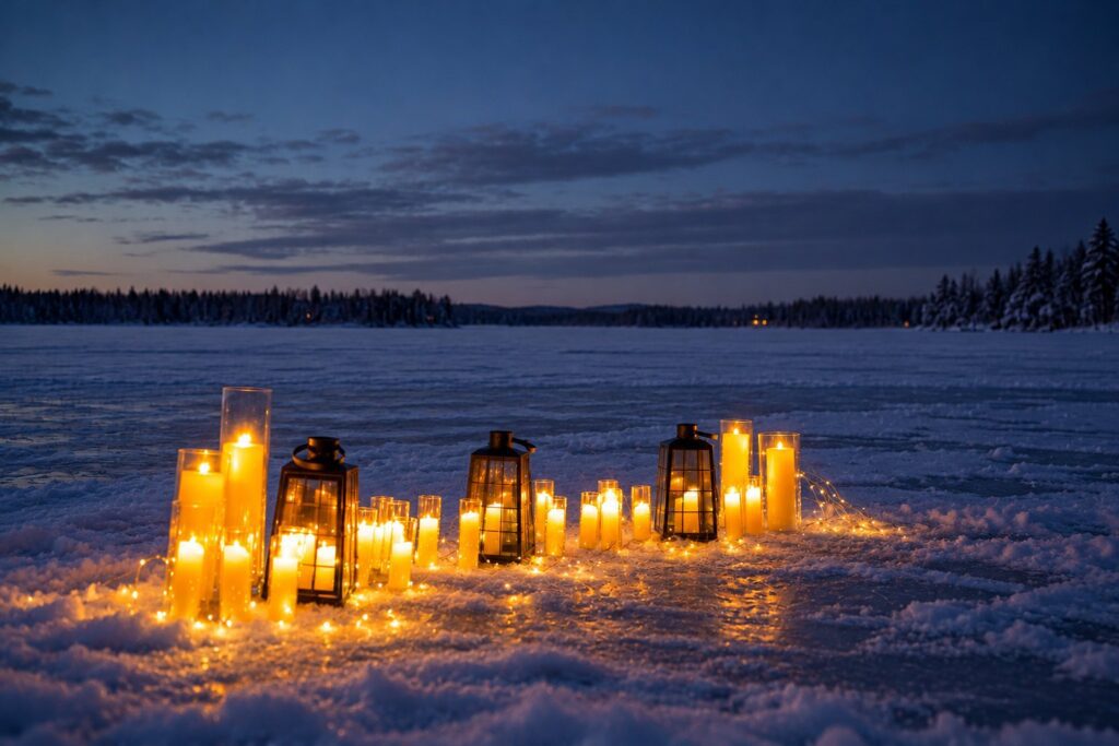Frozen lake proposal with candles and lanterns — Rovaniemi Weddings