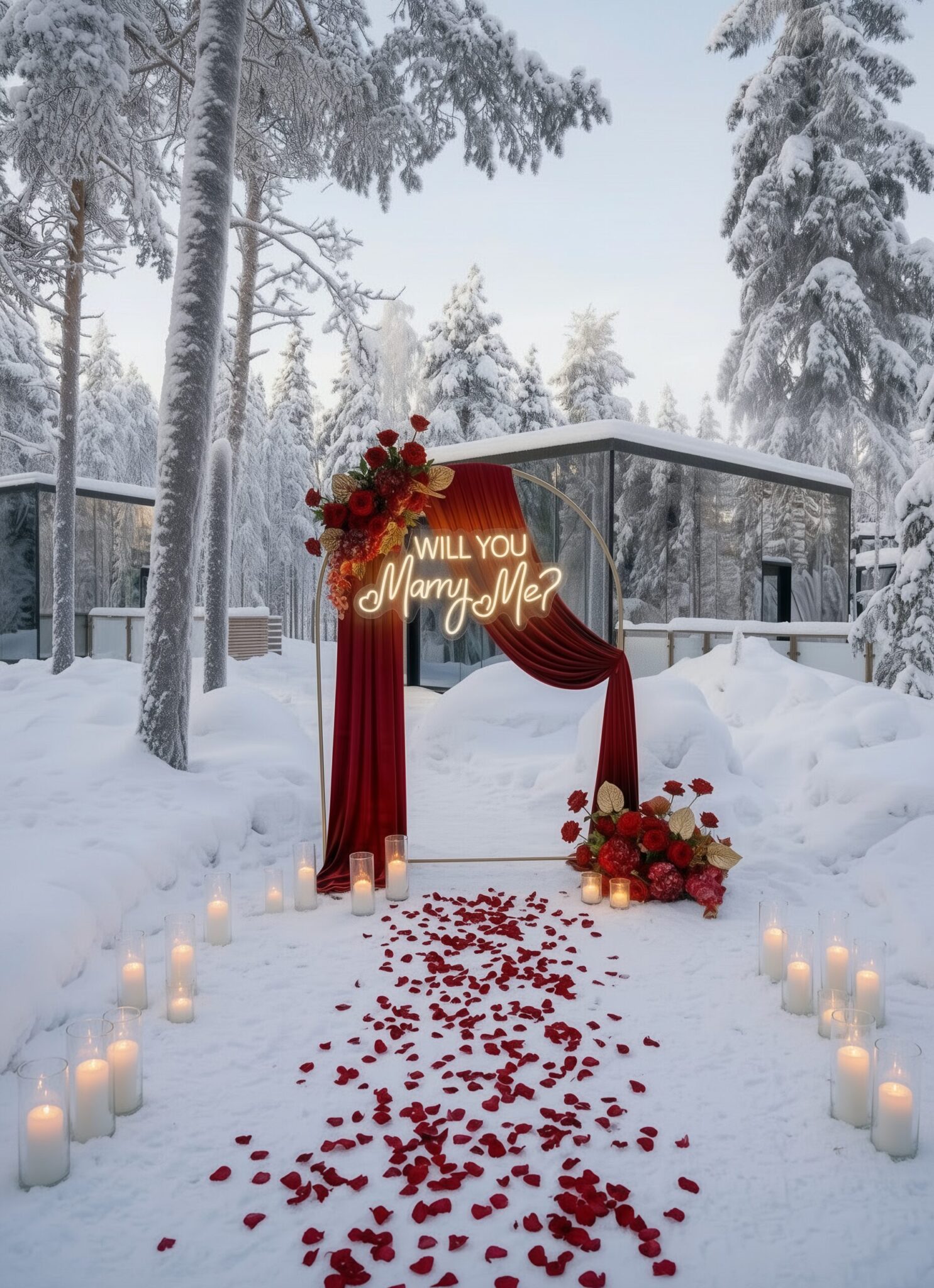 A styled outdoor proposal setting we built in the snow near Rovaniemi: an arch, candles and a path of petals waiting for the walk in.