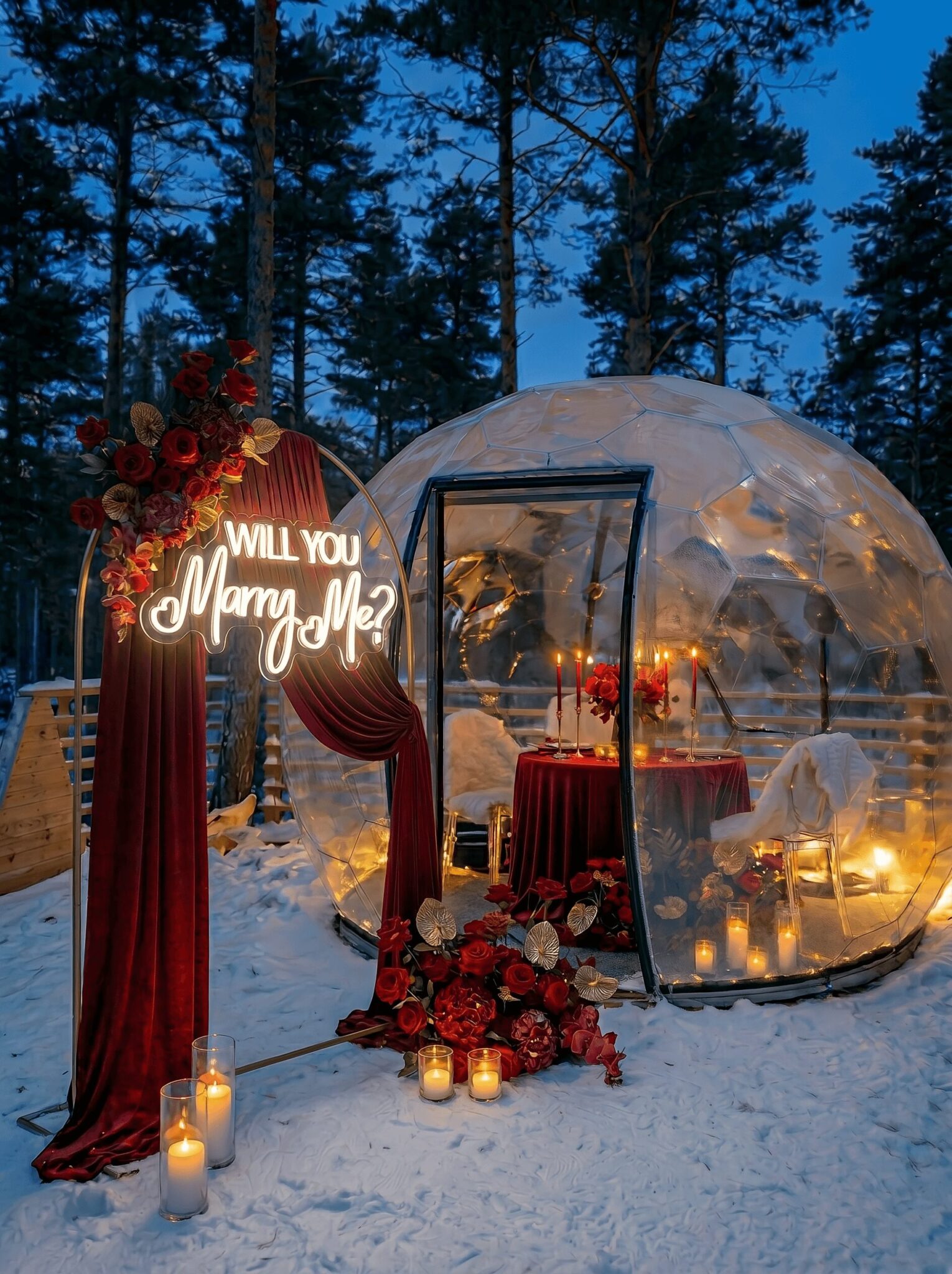 Dinner in the Glass Dome at Invisible Forest Lodge, with the proposal décor waiting inside at the table.