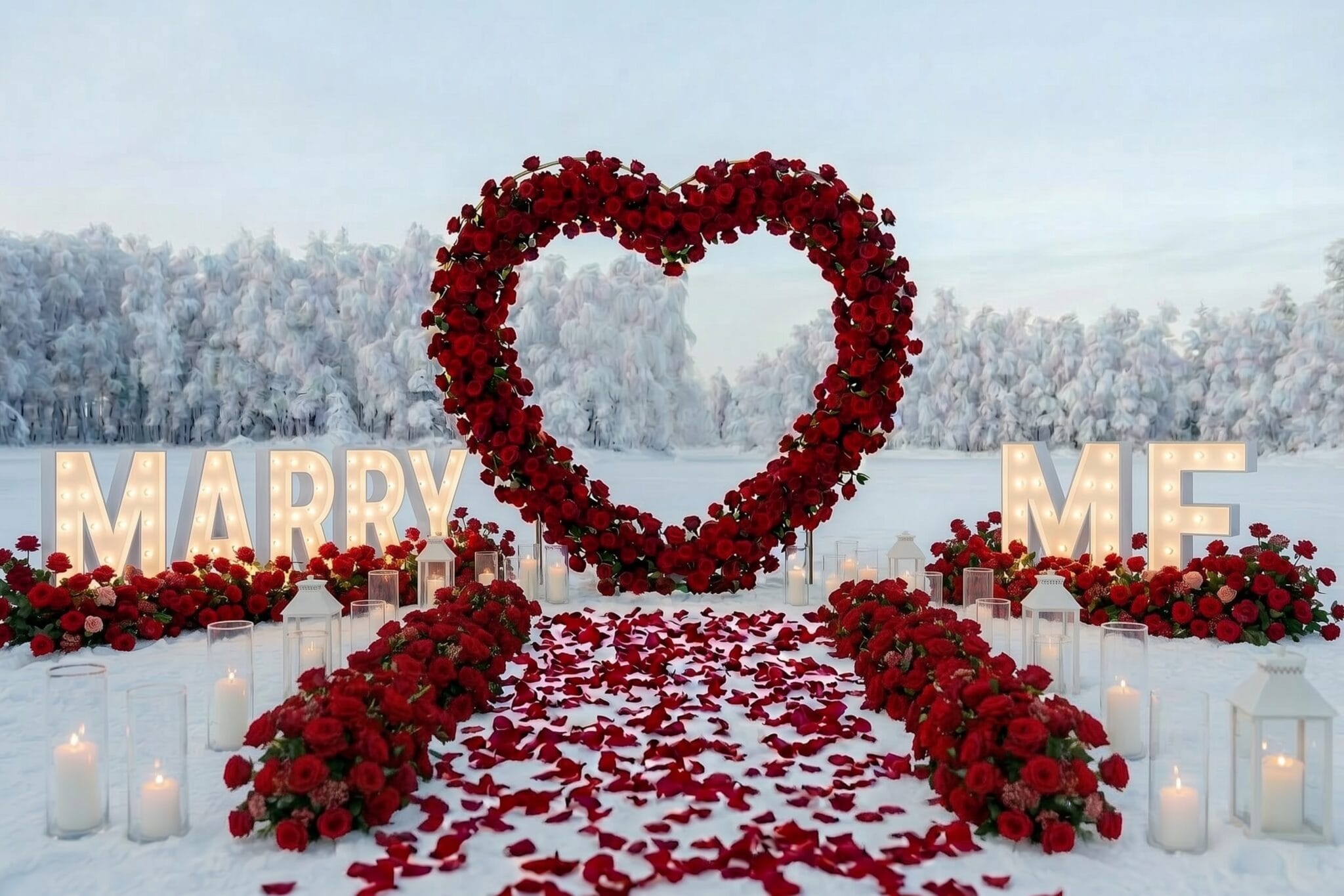 The Grand Romance: a heart of flowers, glowing letters and a flower-lined aisle, built on site by our team at Silver Birch Resort.