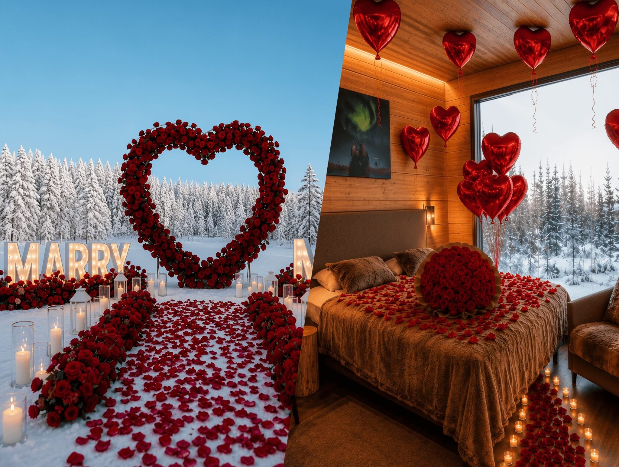 A styled proposal setting with candles and roses at a cabin near Rovaniemi, our Right Where You Are proposal from €650